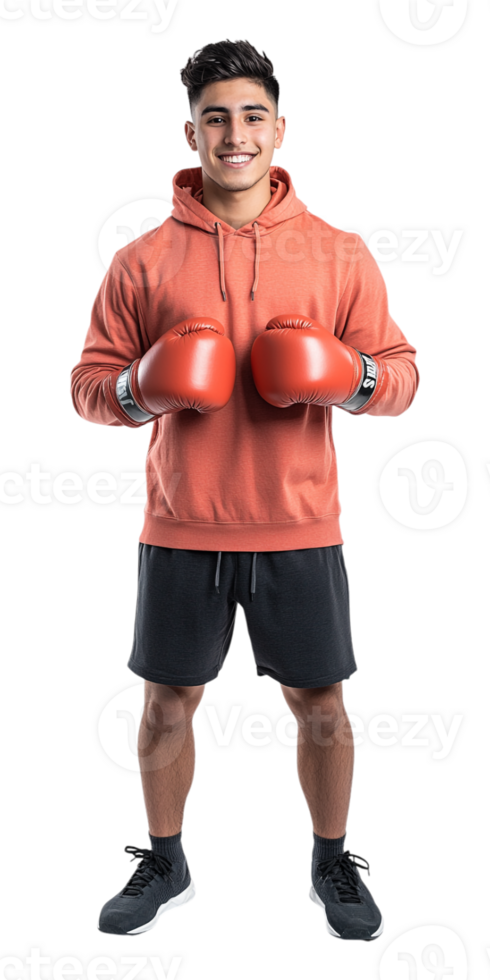 A man in a red hoodie and shorts is standing with boxing gloves png