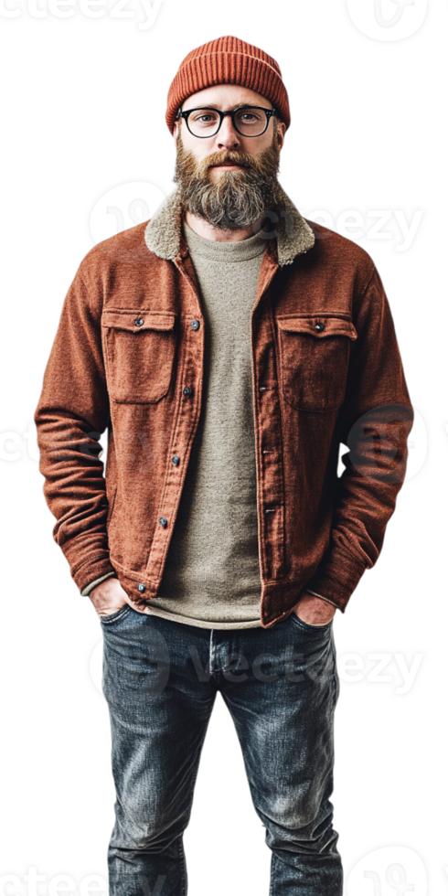 A man with a beard and glasses wearing a brown jacket png