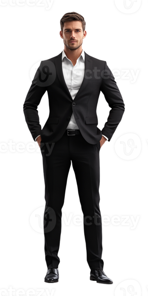 A man in a suit standing with his hands on his hips png