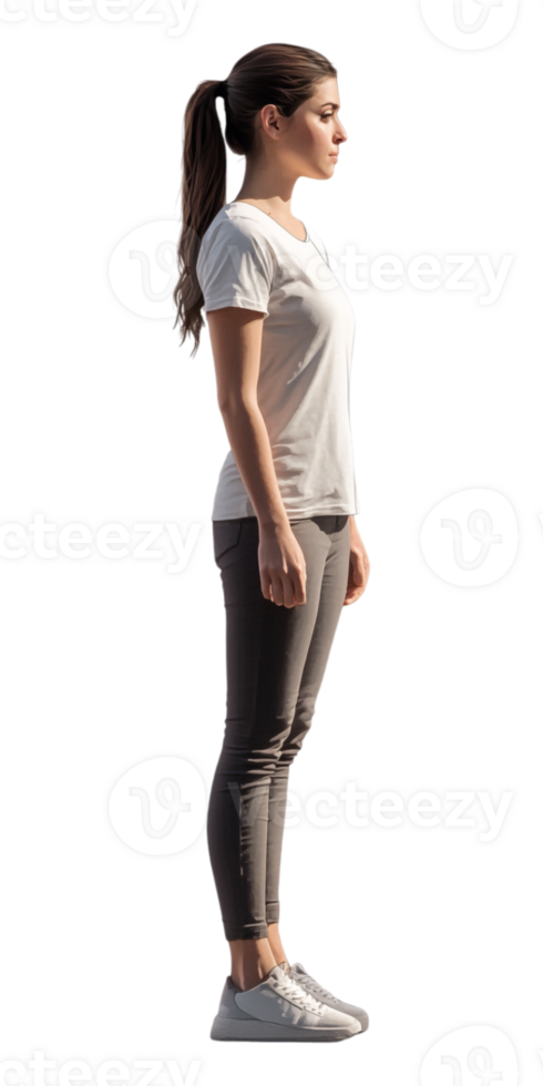 A woman standing in a white t - shirt and gray pants png