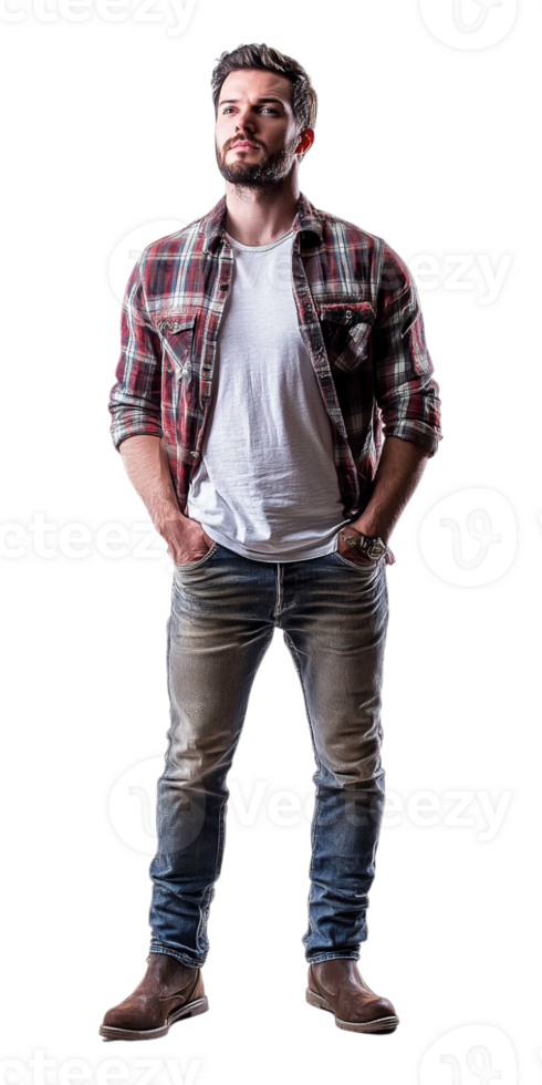 A man in jeans and a plaid shirt png