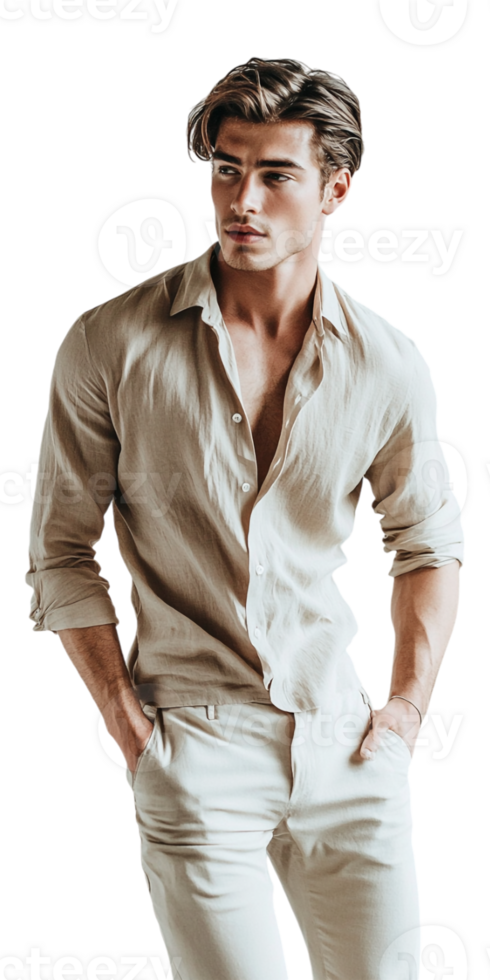 A man in a tan shirt and white pants png