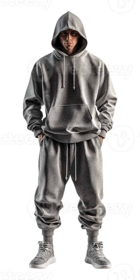 A man in a grey hoodie and sweatpants png