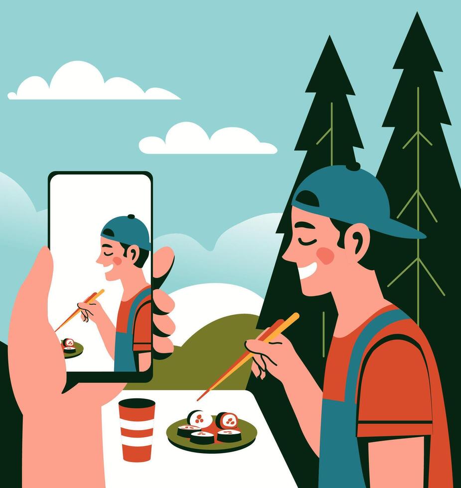 Friends Sharing Sushi Outdoors Concept vector