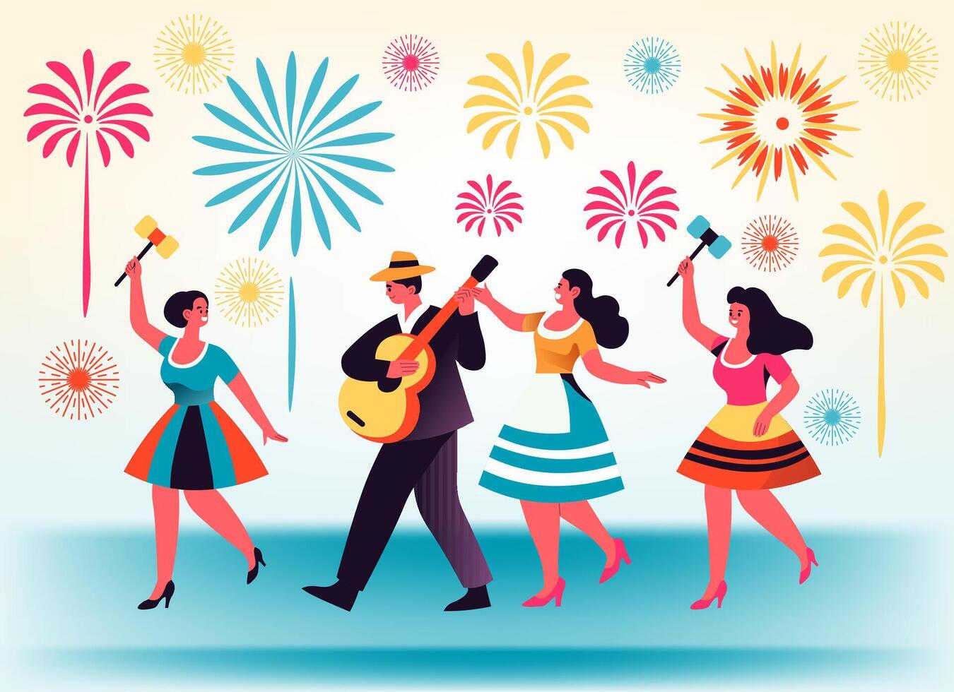 Fireworks Festival and Dancing Figures vector