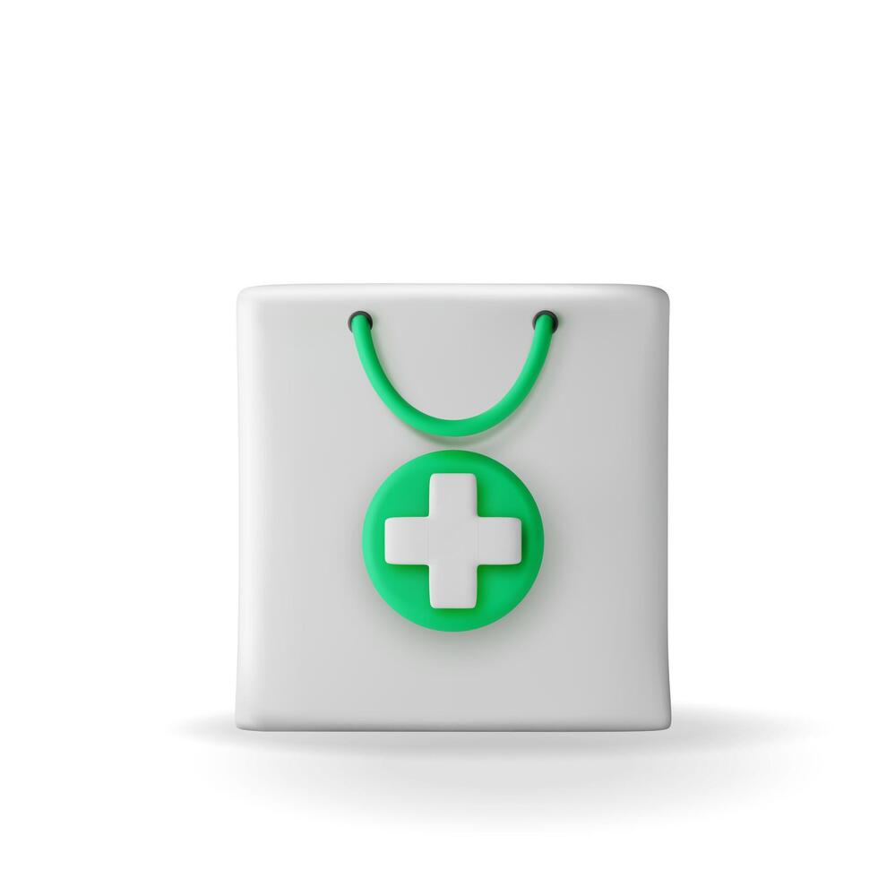 3D White shopping bag for medical products. Render pharmacy bag with green cross. Paper drugstore package with handle vector