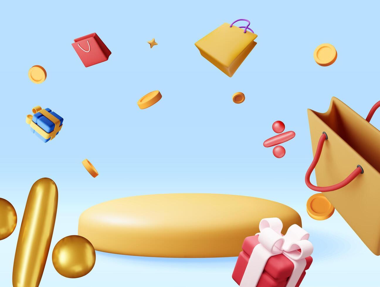3d sale promotion podium. Render shopping banner. Percent sign, shopping bag, gift box and golden coins. vector