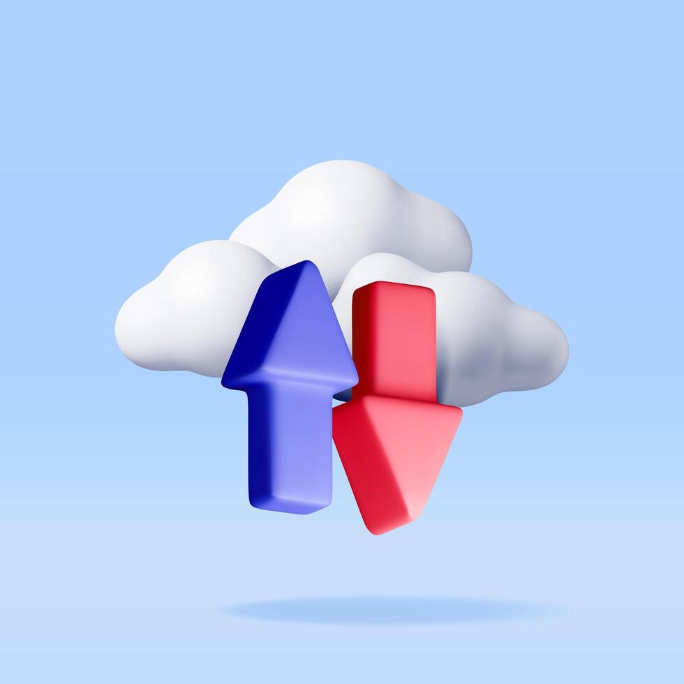3d cloud with arrows isolated on white. Render download and upload file or document from cloud storage concept. Cloud computing digital data icon vector