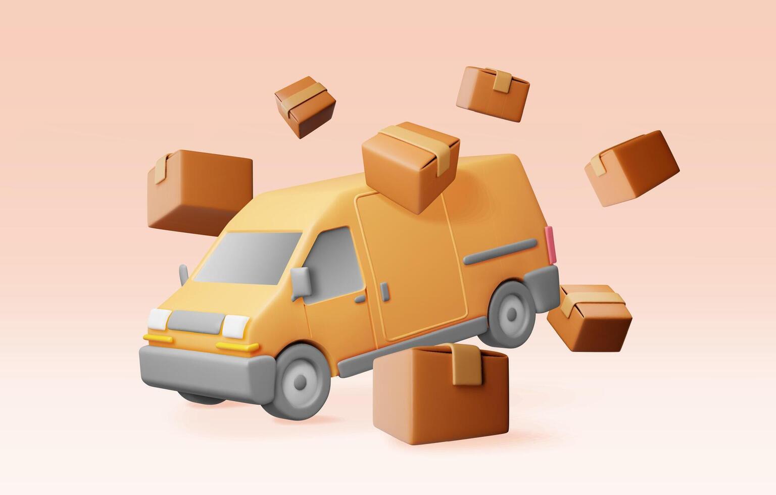 3D delivery van full of cardboard boxes isolated. Render express delivering services commercial truck. Concept of fast and free delivery by car. vector
