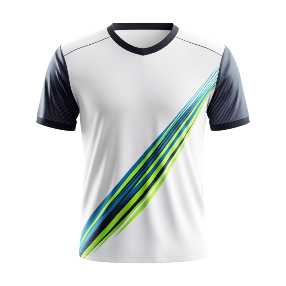 A white soccer jersey with blue and green stripes png