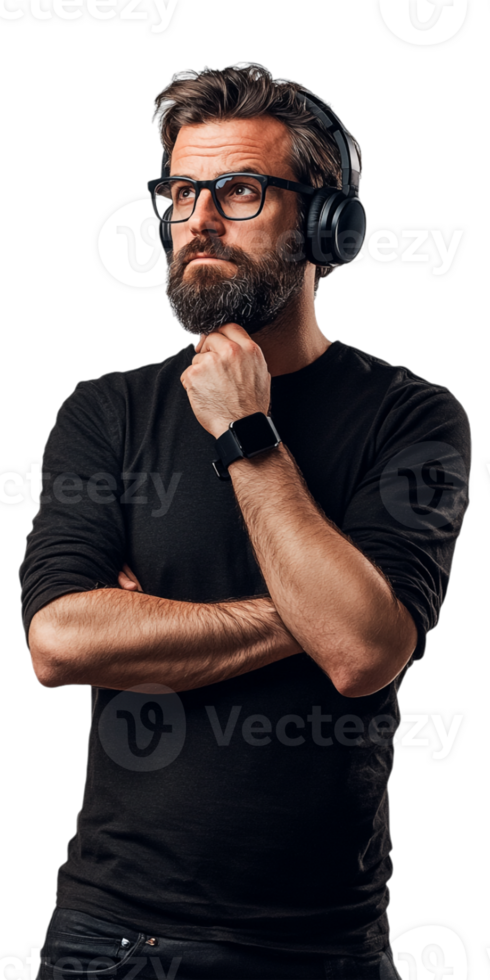 A man with a beard and glasses is wearing headphones png