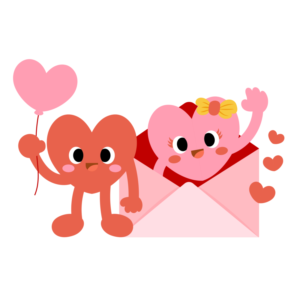 Hearts hold Envelope funny cartoon characters. Valentines day, Couple in love concept png