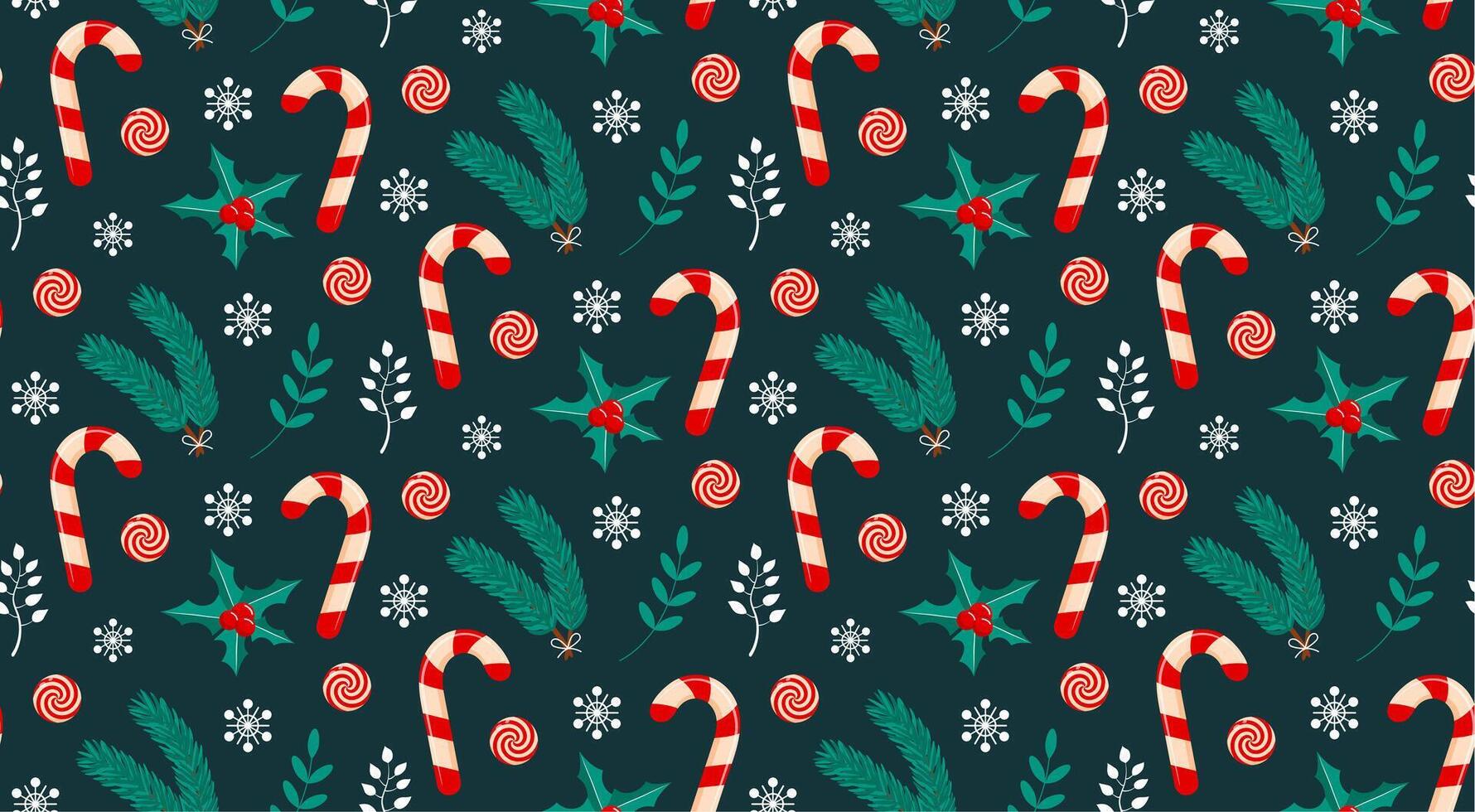 Seamless pattern with candy cane, fir branch, twigs, swirl candies, holly and snowflakes. Merry Christmas and Happy New Year design. vector