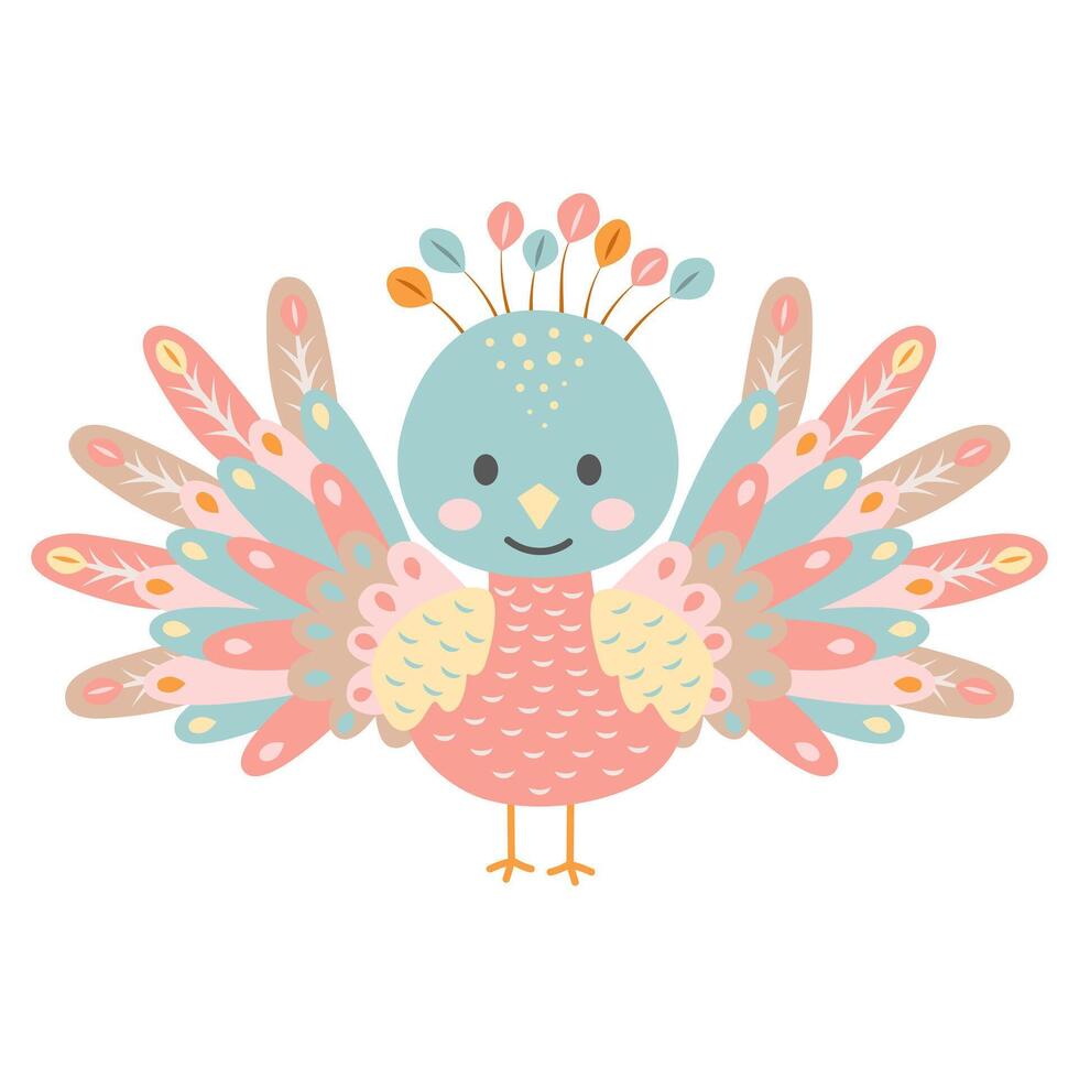 Cute peacock isolated on white background. Cartoon nursery art baby character. vector