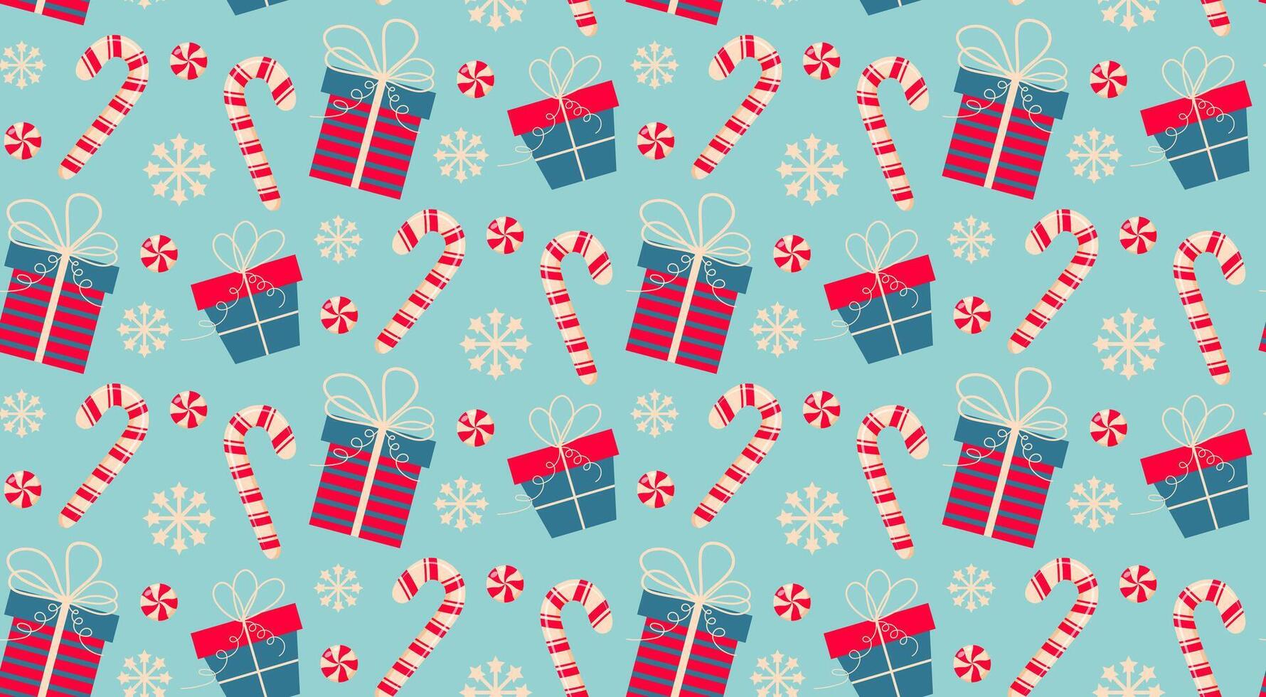 Seamless pattern with christmas candy cane, gift boxes, round caramel and snowflakes on blue background. vector