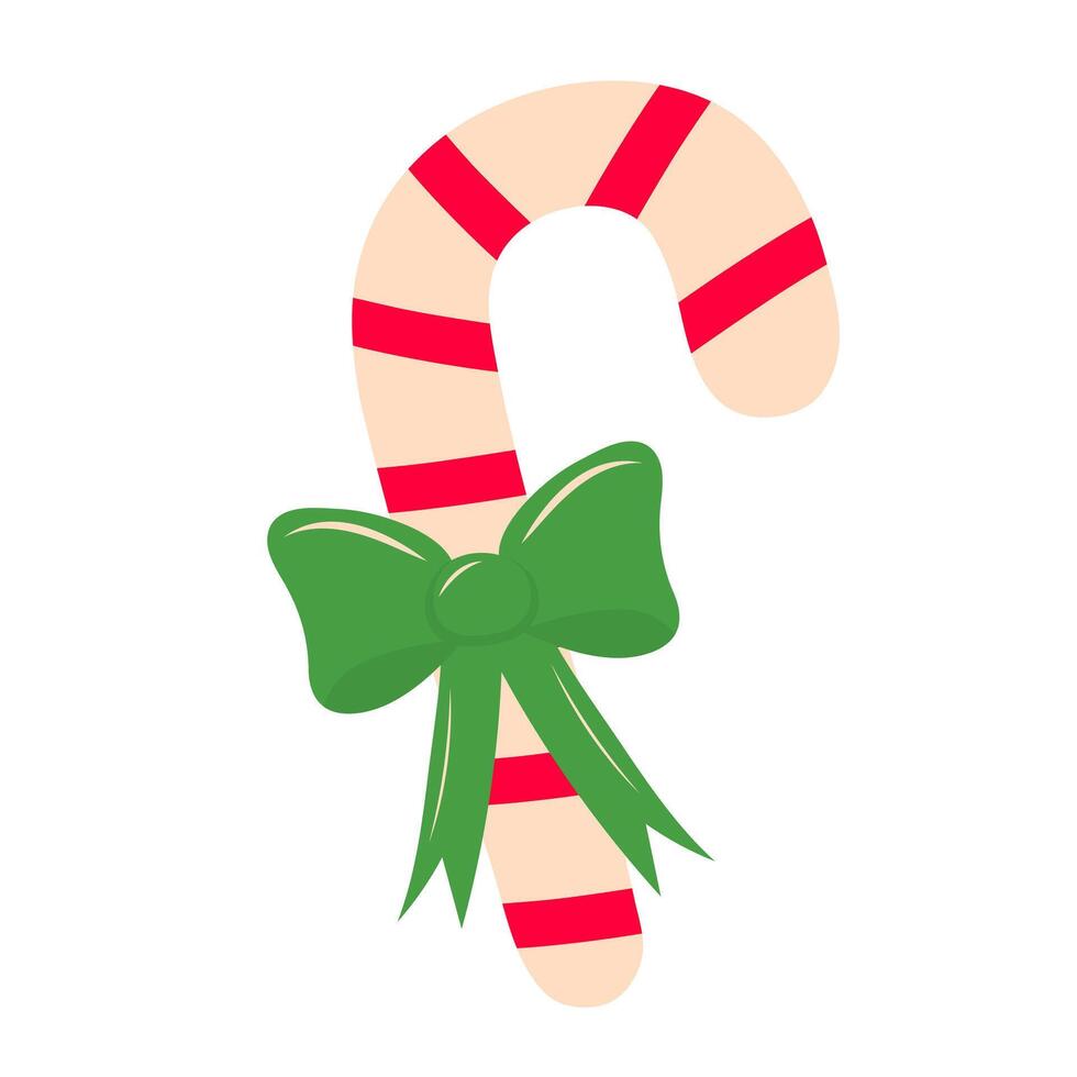 Candy cane with green bow isolated on white background. Sweet stripes candy. Merry Christmas and Happy New Year design. vector