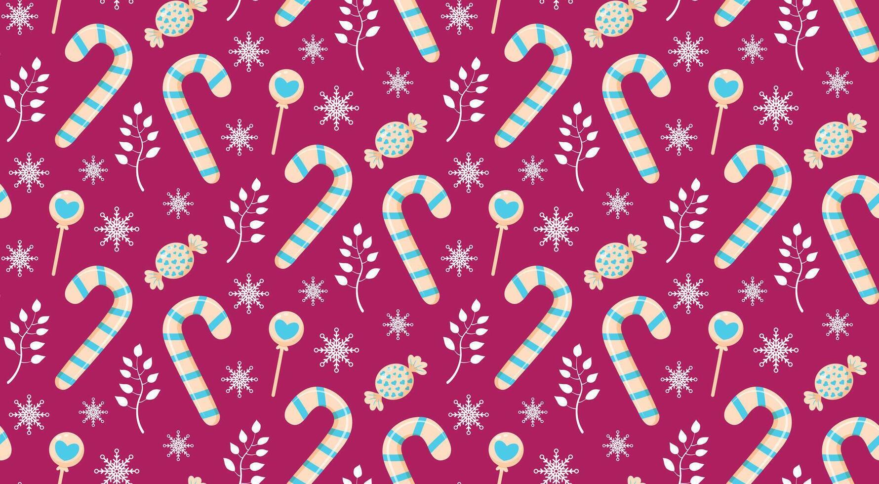Seamless pattern with candy cane, wrapping candy, lollipop, twig and snowflakes. Merry Christmas and Happy New Year design. vector