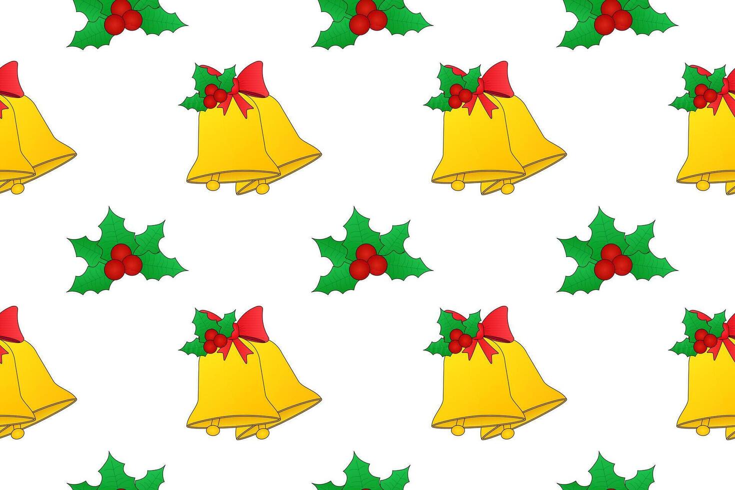 Holiday-themed seamless pattern featuring golden bells with red bows and green holly leaves with berries. vector