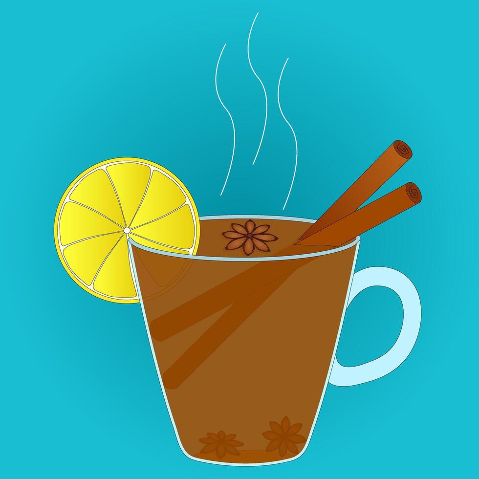 Illustrated steaming cup of spiced tea garnished with cinnamon sticks, a slice of lemon, and star anise, set against a vibrant blue background. Perfect for winter or autumn themes. vector