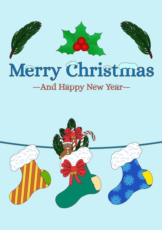 Festive Christmas and New Year postcard with holly, stockings, pine branches, and holiday greetings on a blue background. A3 postcard. vector