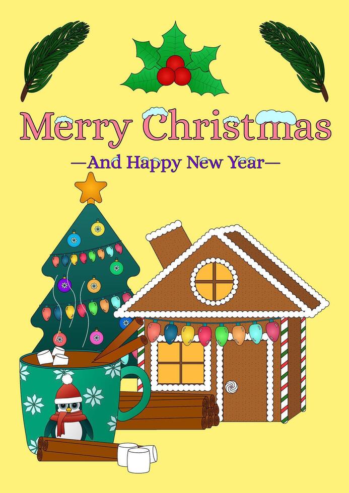 A colorful Christmas greeting card featuring a gingerbread house, decorated tree, holiday mug, and festive text. A3 postcard. vector