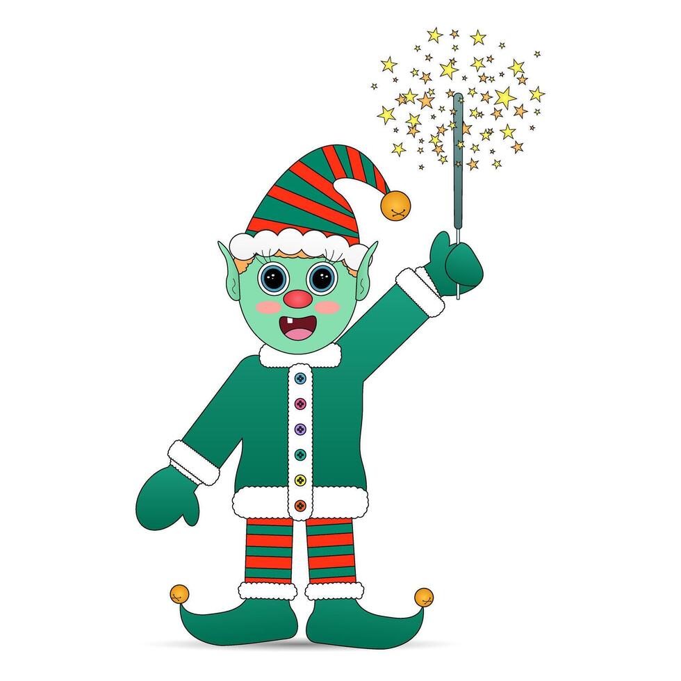 Cheerful cartoon elf in a green holiday outfit with striped hat, holding a glowing sparkler, isolated on white. vector