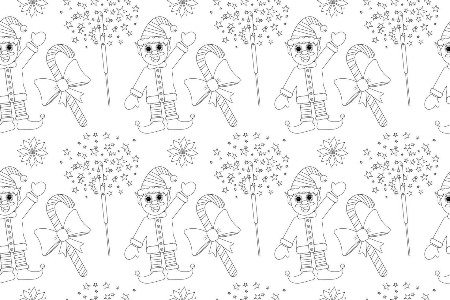 Black and white Christmas-themed coloring page with elves, candy canes, snowflakes, and sparklers in a seamless pattern. vector
