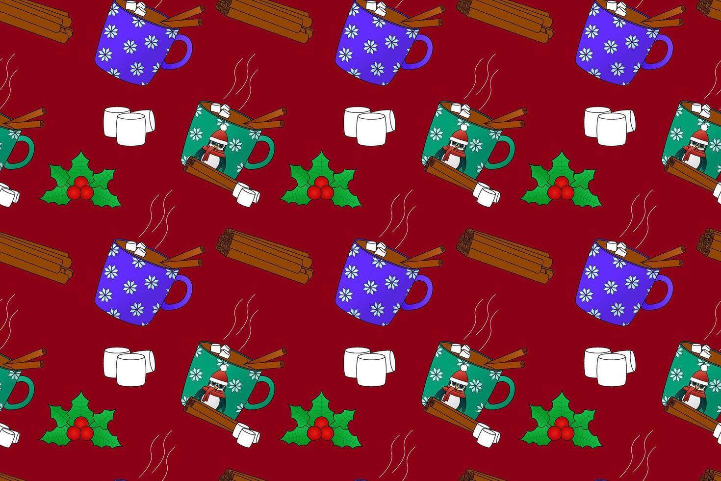 Festive seamless pattern featuring mugs of hot cocoa, marshmallows, cinnamon sticks, and holly leaves on a red background. vector