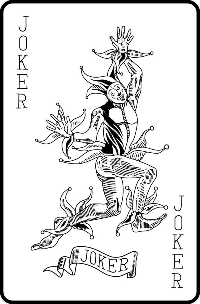 joker playing card with a black and white drawing in retro style. vector