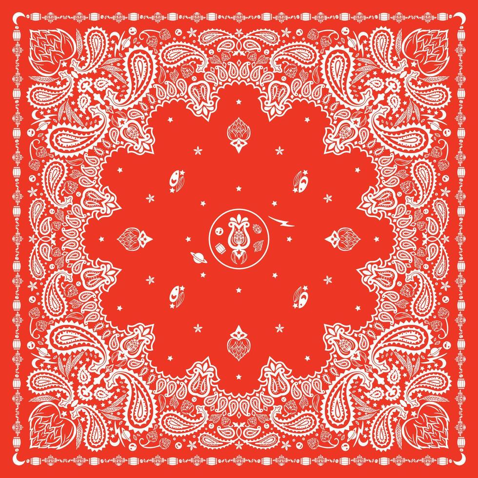 Red Bandana Print. paisley seamless pattern. pattern, flowers, hops, rice, decorative geometric line ornament. Red white pattern template. Silk neck scarf or kerchief square pattern design. vector