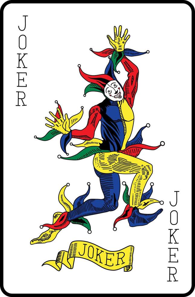 Joker card classic. joker playing card in retro style. colorful card game. joker card colorful illustration. vector