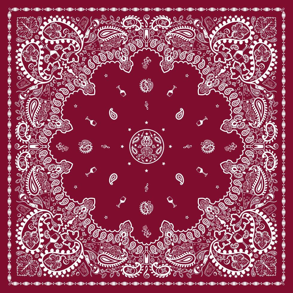 Red bandana Print. wine paisley bandana bandana Scarf Face Head Wrap. pattern wines grapes cheese Grape leaves square pattern design vector