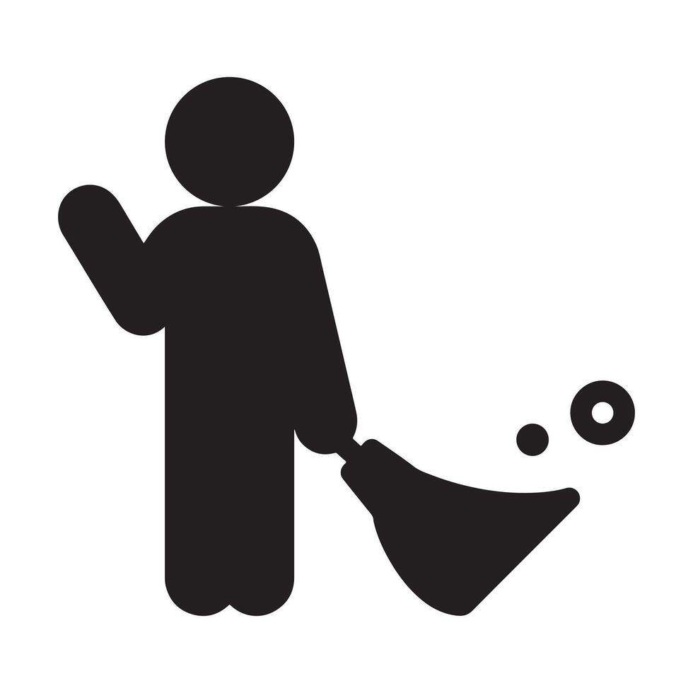 A black and white silhouette of a man sweeping up a pile of dirt vector
