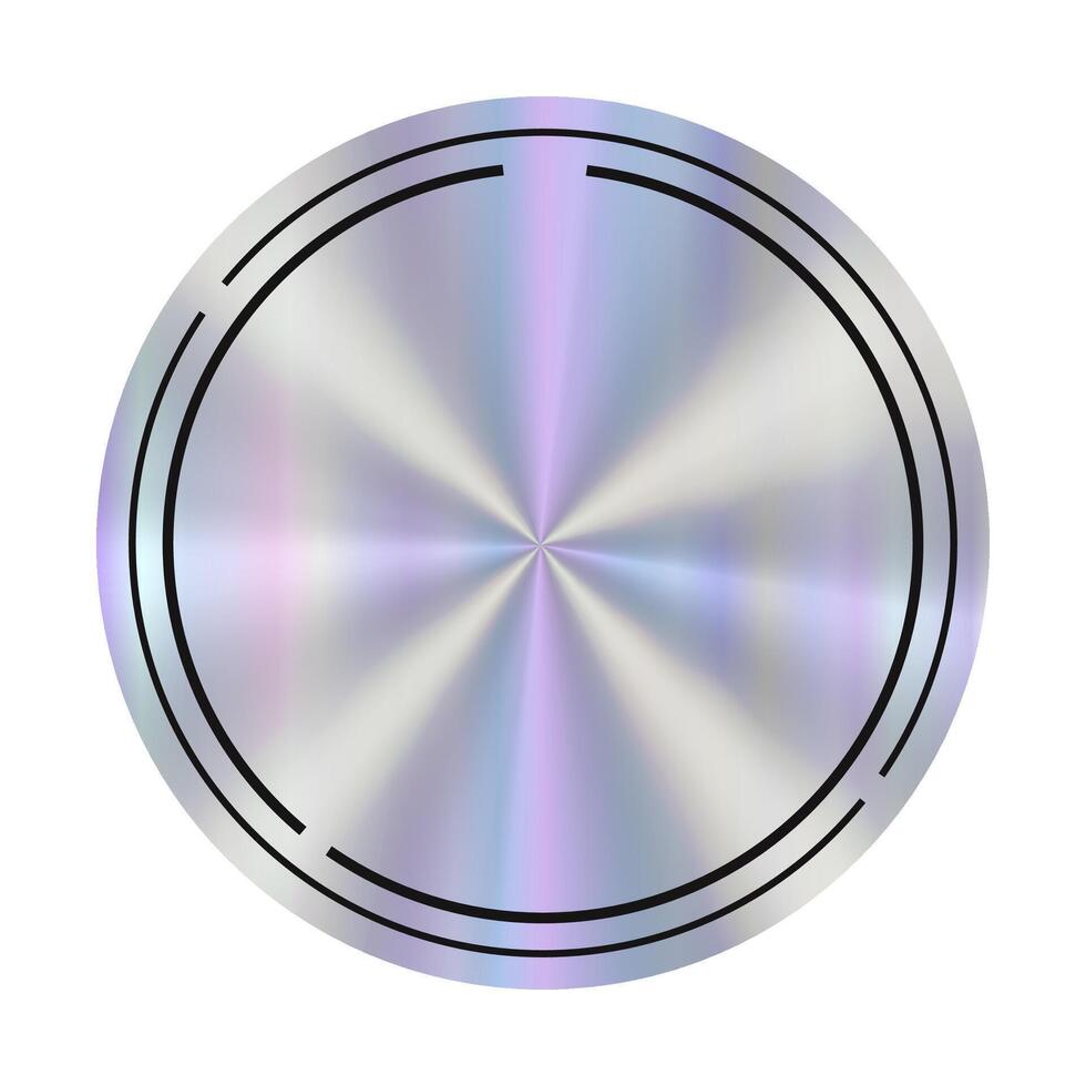 Circular metallic empty sticker with holographic effect showcasing a reflective surface and subtle gradients. vector