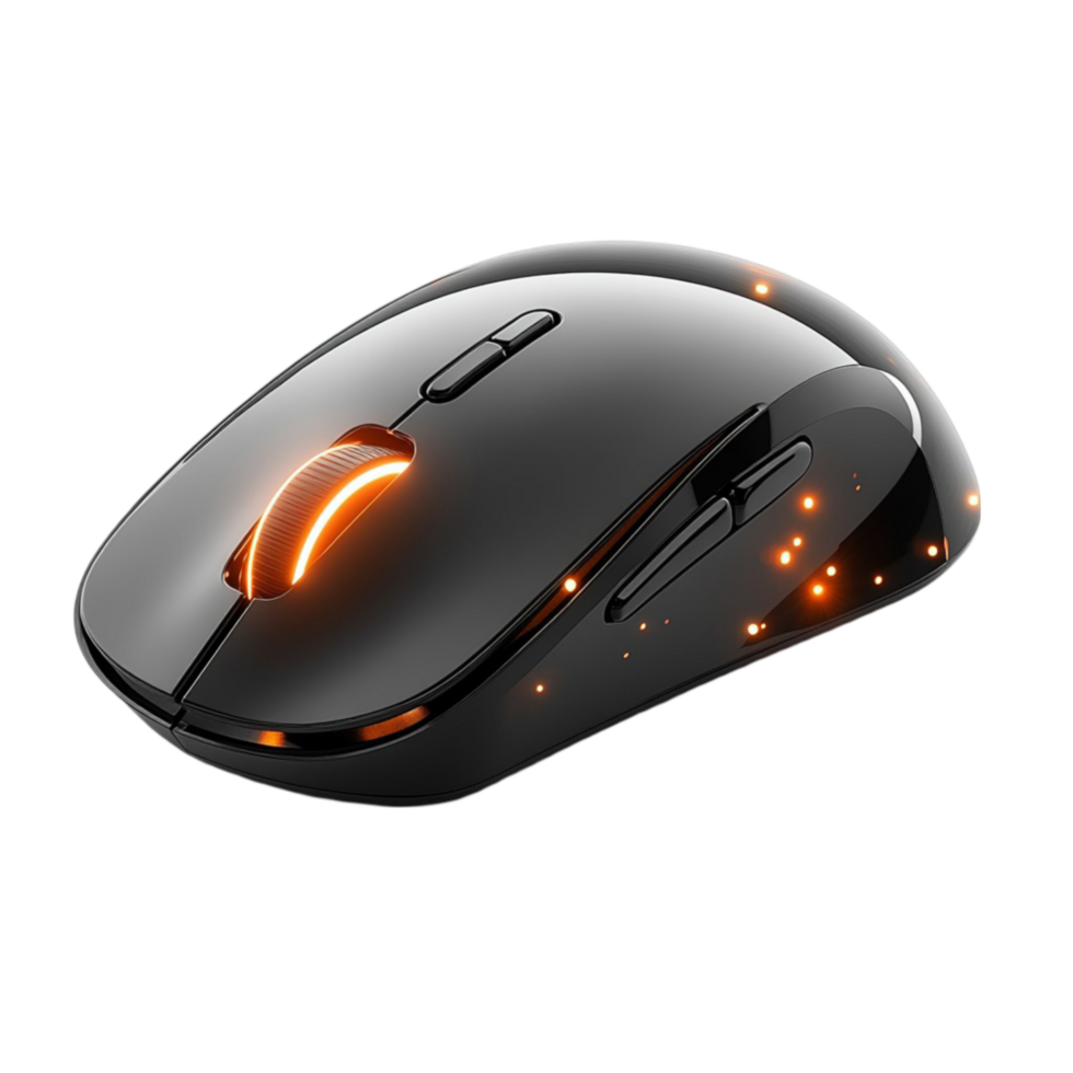 Black Computer Mouse with Orange Lighting on Scroll Wheel, Floating in Air png