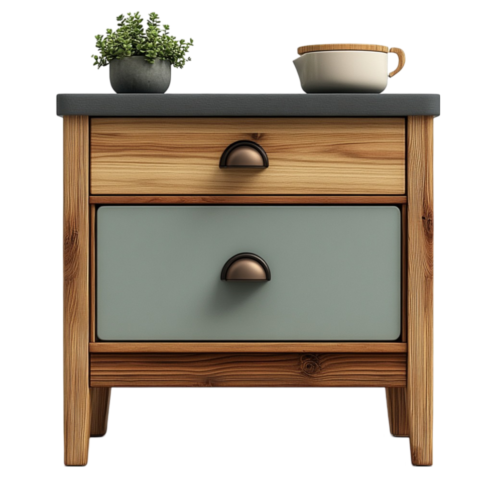 Wooden Nightstand with Blue Drawer and Decorative Plant png