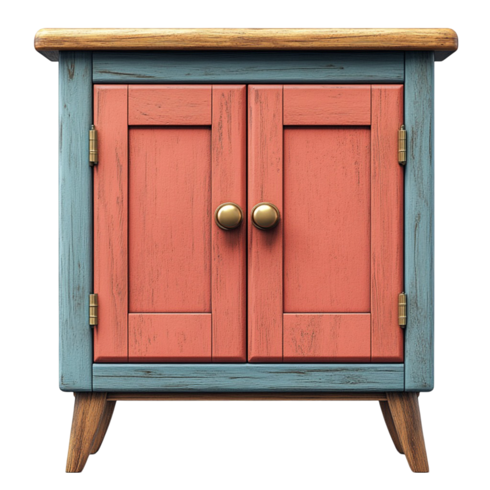 Wooden Cabinet with Blue Paint Finish and Two Doors with Drawers png