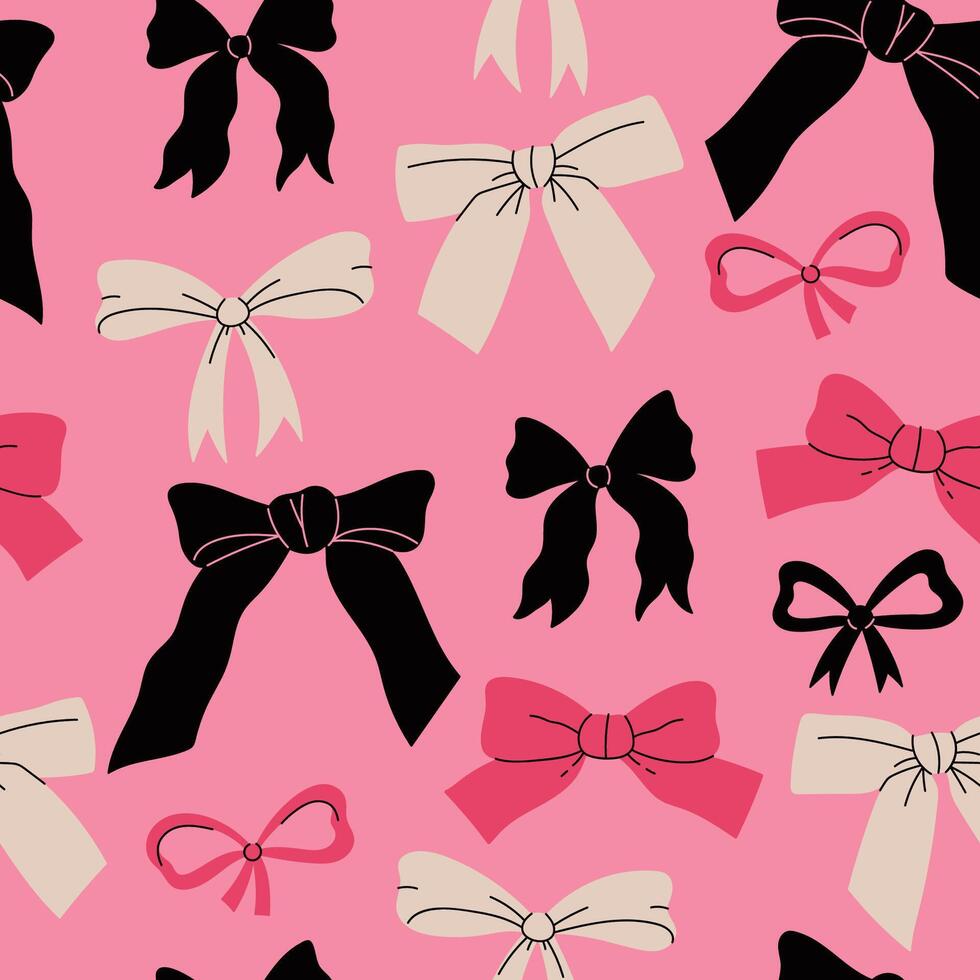 Seamless pattern with bows of different shapes on a pink background. graphics. vector