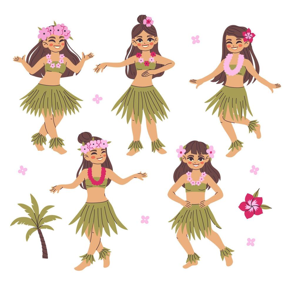 Set of cute Hawaiian dancing girls. graphics. vector