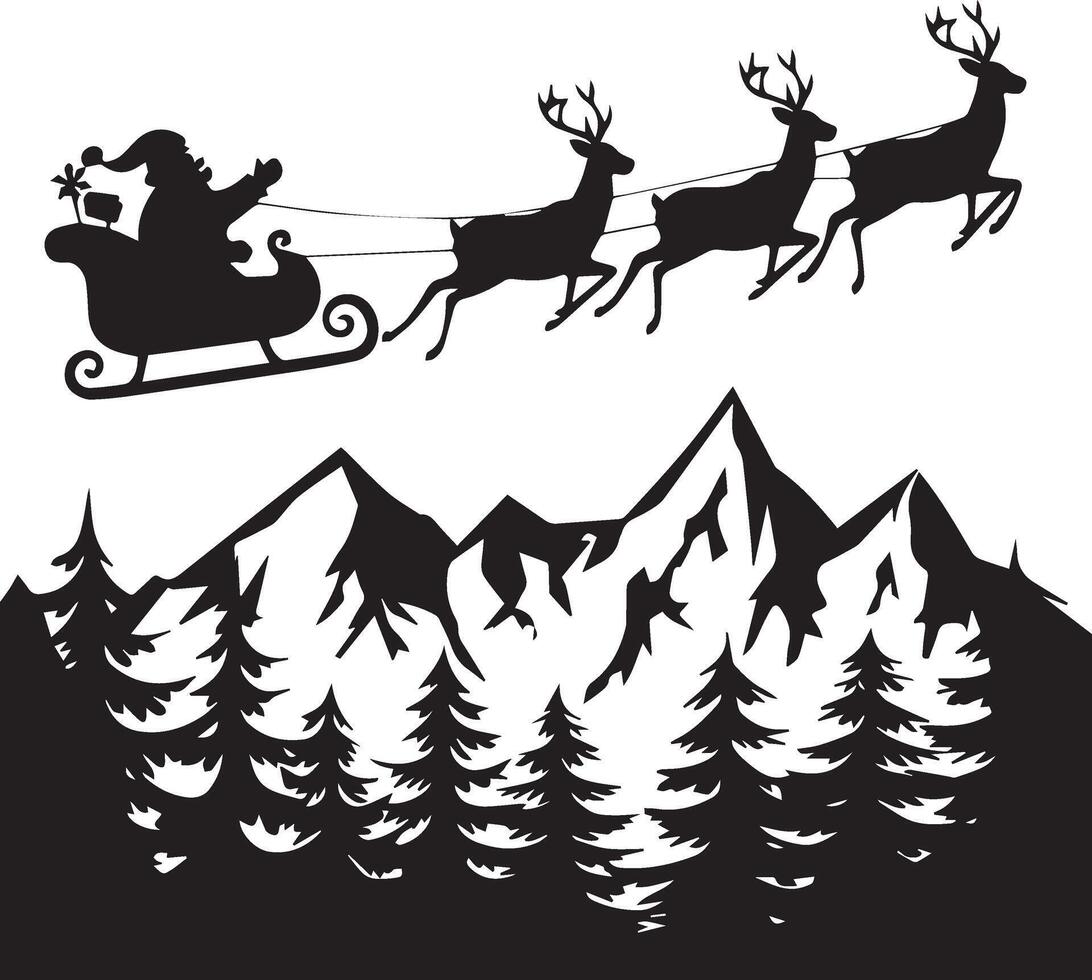 Christmas element illustration. Santa riding, hill silhouette, vector