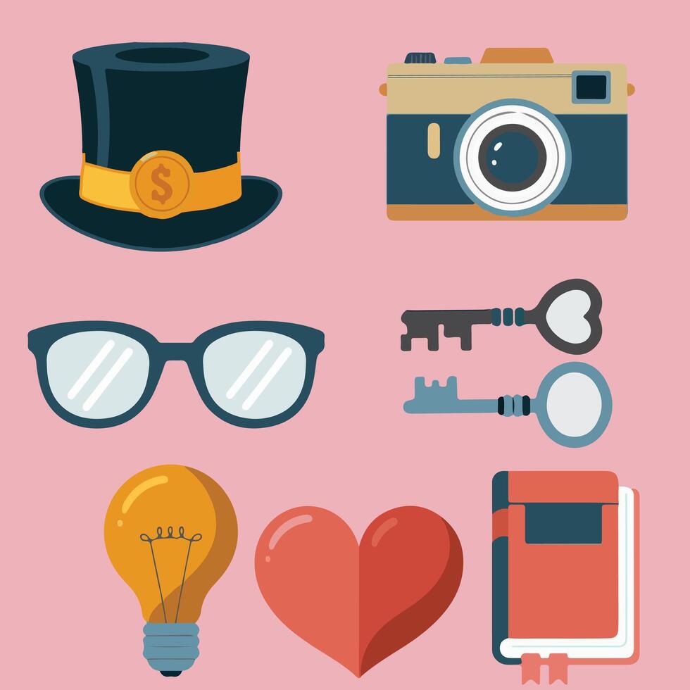 Flat icon set of new year. Camera, planner, bulb, sunglass, key elements, vector