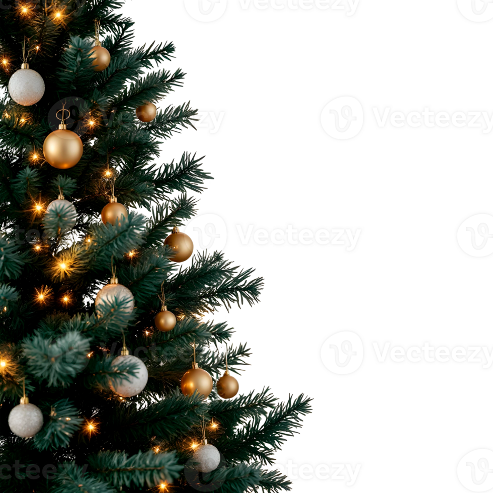 A christmas tree with gold ornaments and white lights png