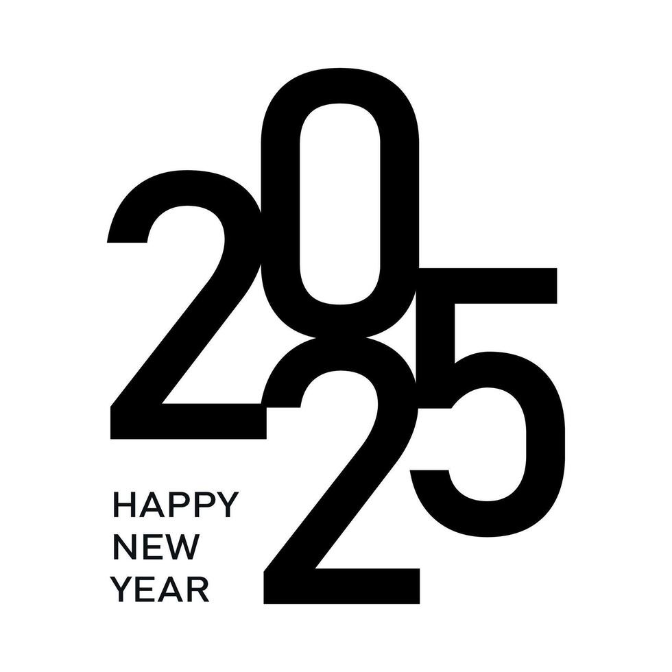 Clean 2025 in bold black font with Happy New Year text on white background. vector