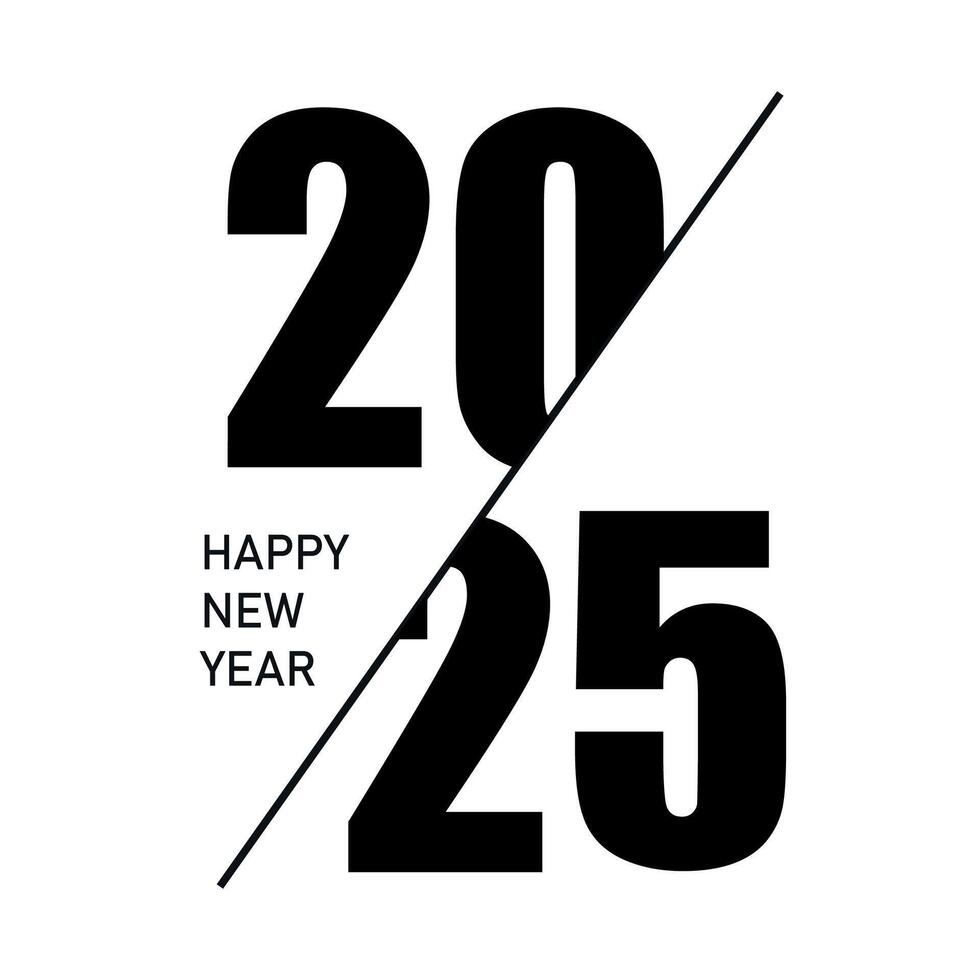 Bold 2025 with diagonal split and Happy New Year text in minimalist black and white vector