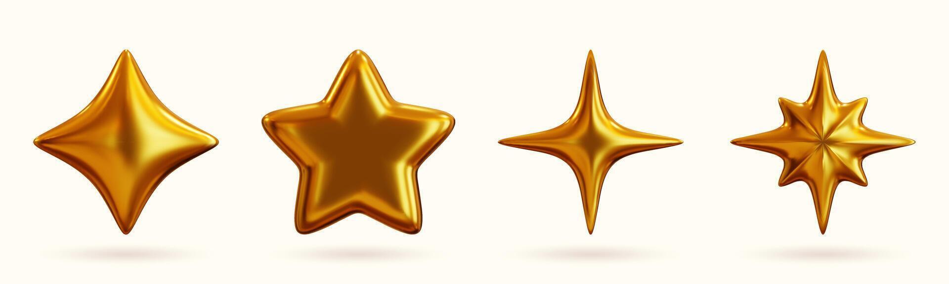 Set of 3D shapes in chrome, including a golden liquid star and a glossy heart sticker in a futuristic metal style. vector