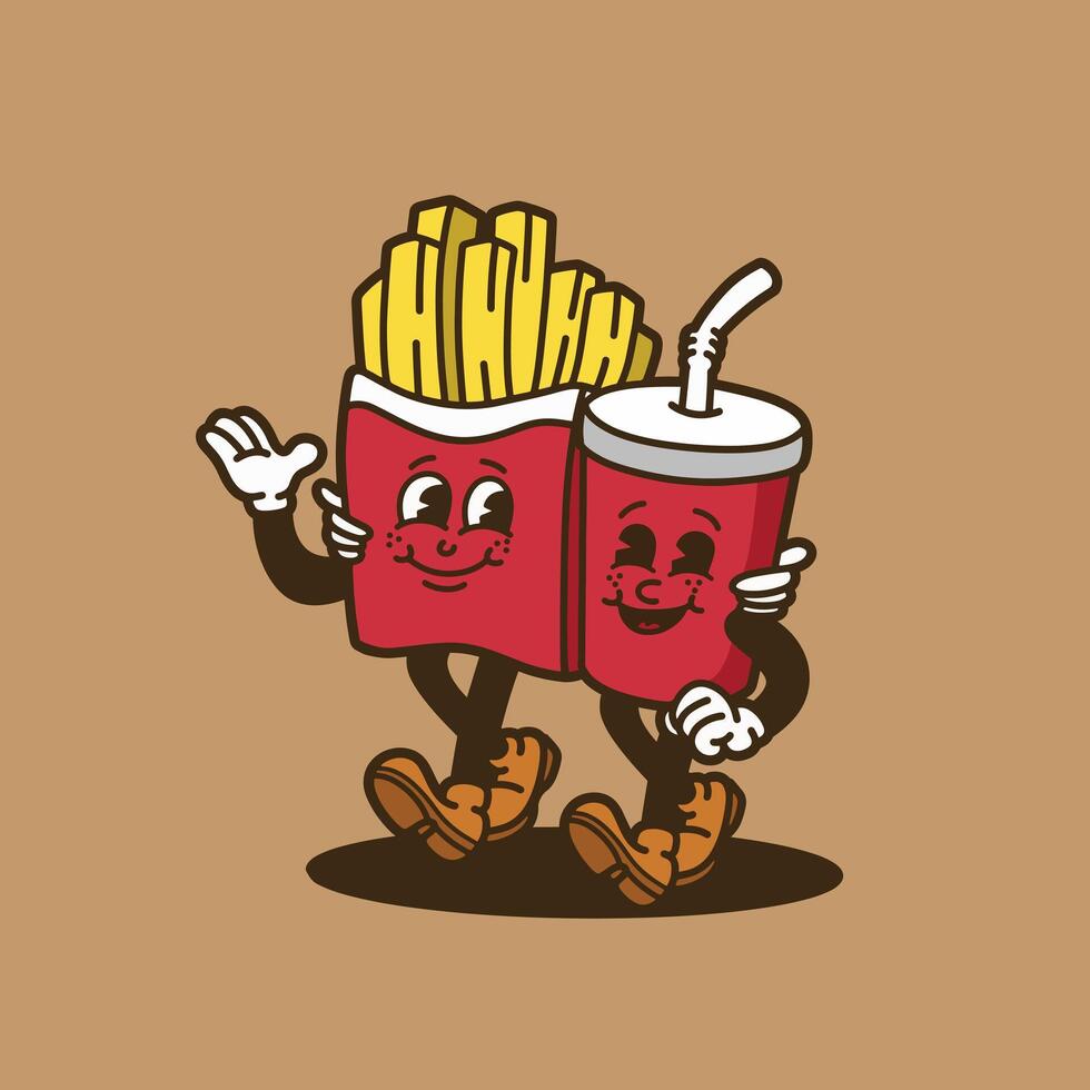 mascot food french fries and cola good for sticker, element design, mascot character, groovy character, etc vector