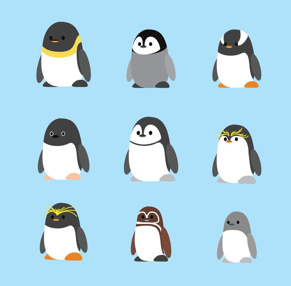 Penguin Cute Chibi Cartoon Standing Set Character vector