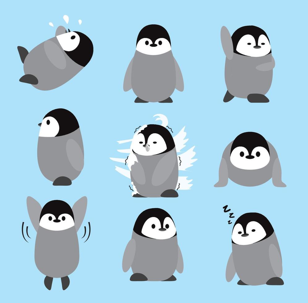 Emperor Penguin Chick Cute Set Cartoon Character vector