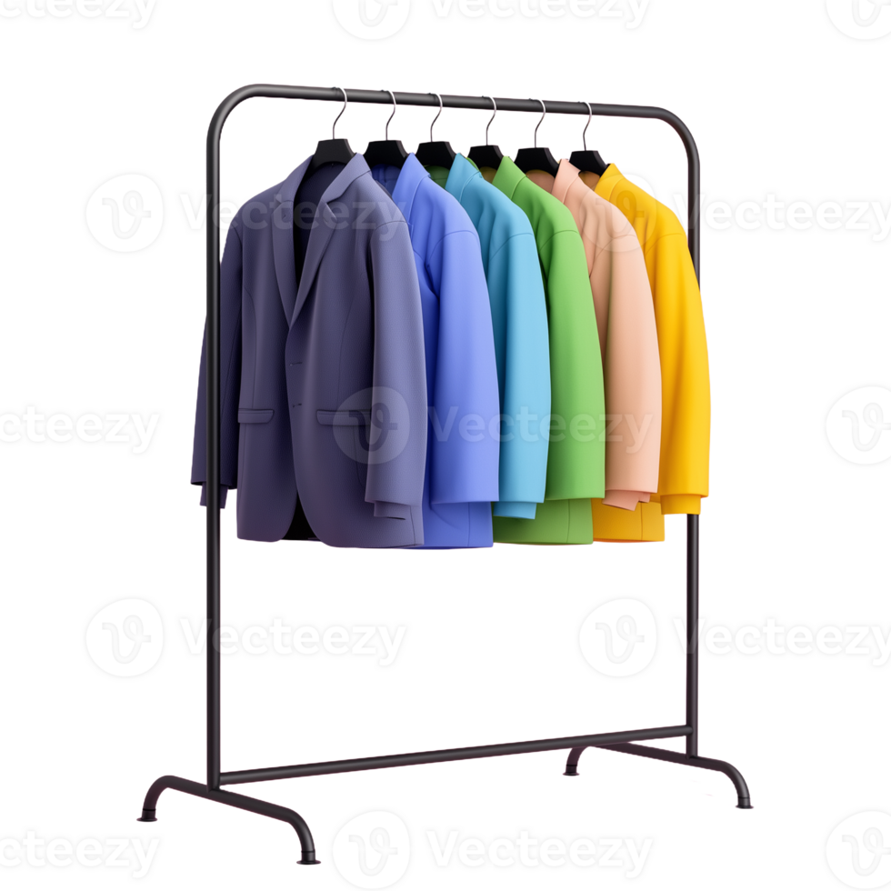 Colorful blazers displayed on a clothing rack on transparent background png