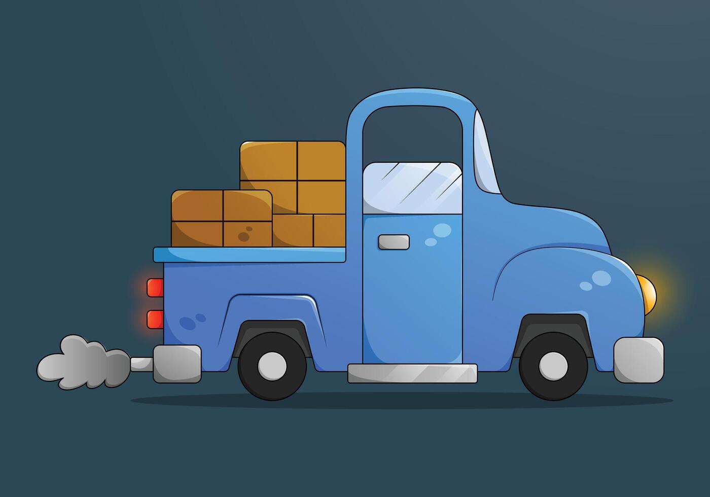 Side view flat blue cartoon pickup truck with boxes. Transport vehicle illustration. vector